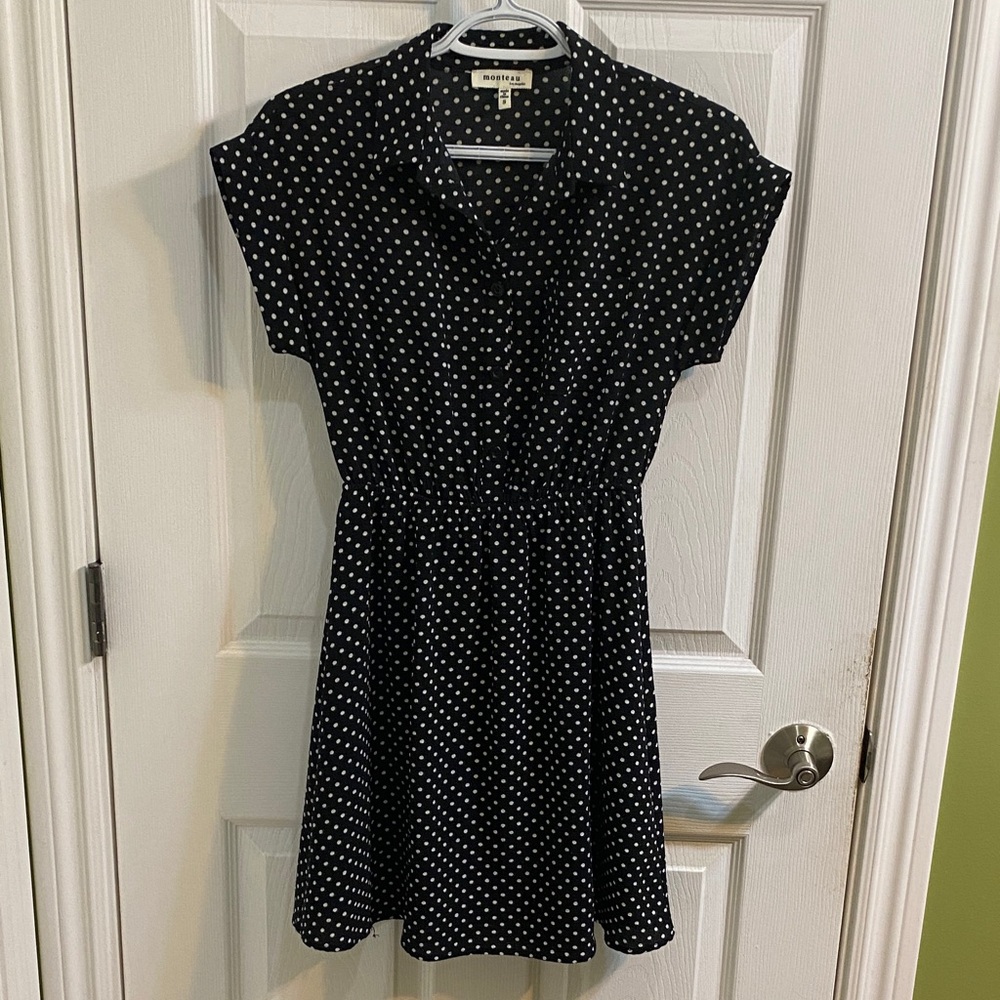Monteau Black Polka Dot Short Sleeve Fit-and-Flare Dress